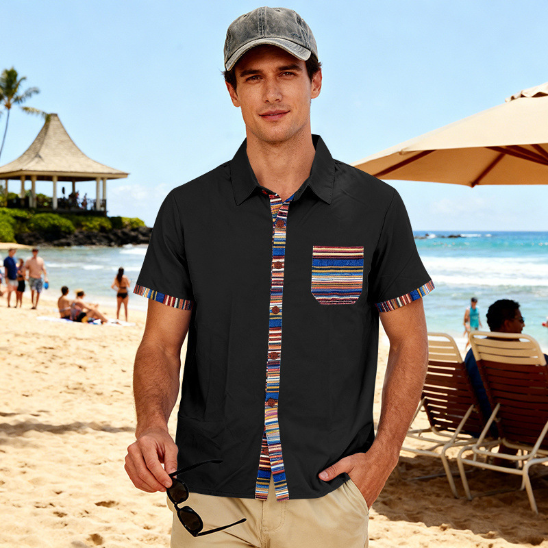 Men's Contrasting-Color Beach Short-Sleeve Casual Shirt