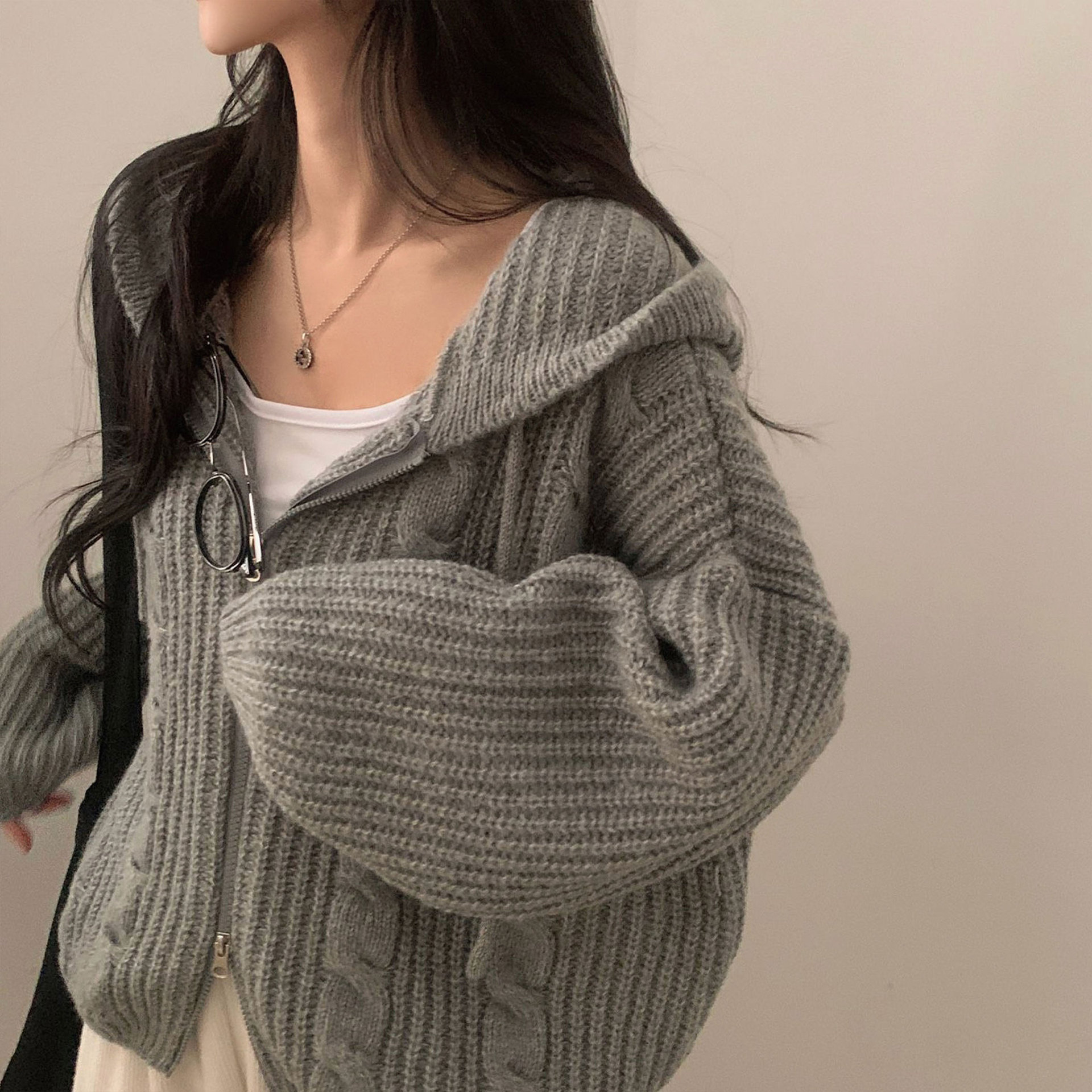 Hooded Long Sleeve Knitted Sweater Cardigan Coat Women