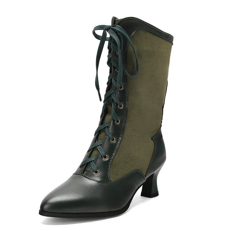 Pointed-toe High-heeled Color-block Womens Over-the-knee Boots With Front Lacing