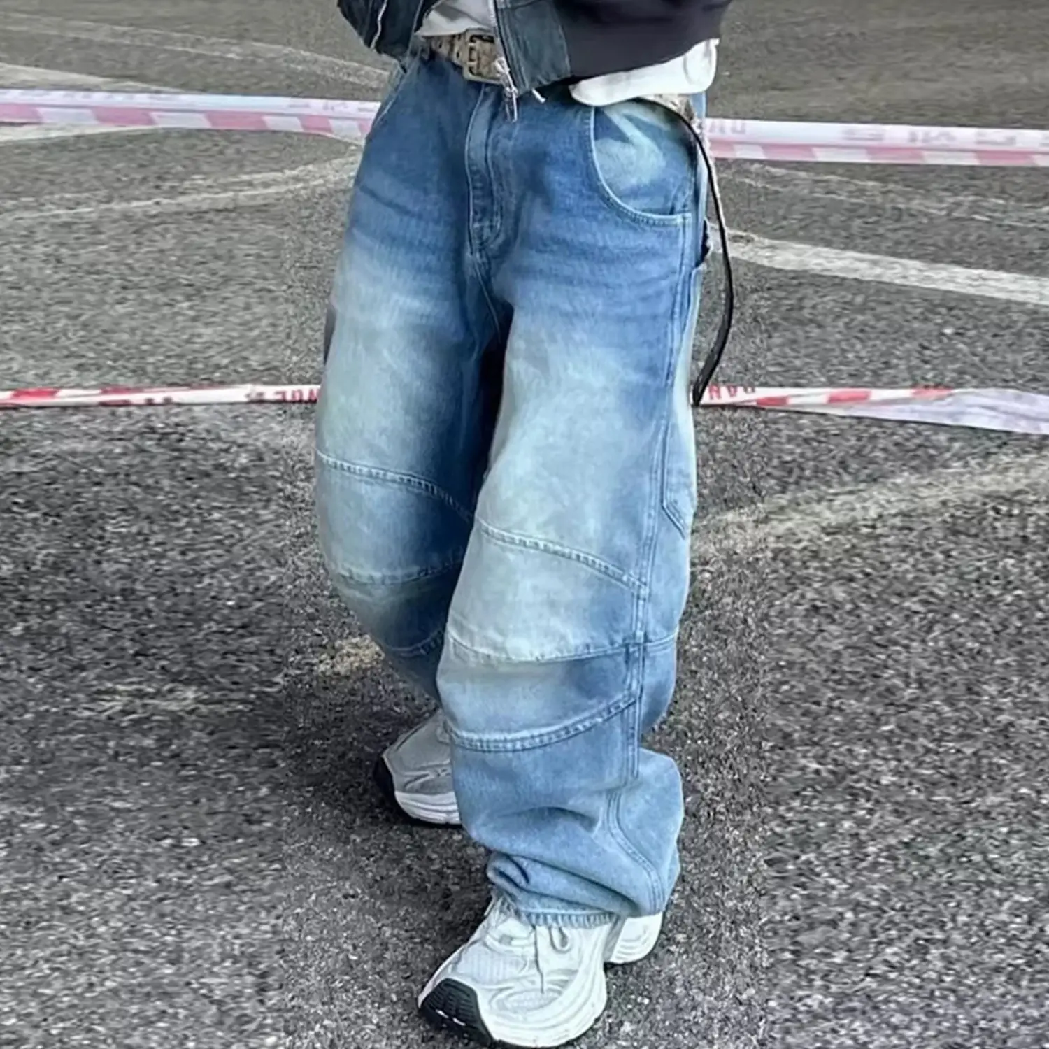 Profile Pleated BAGGY Washed White Blue Jeans