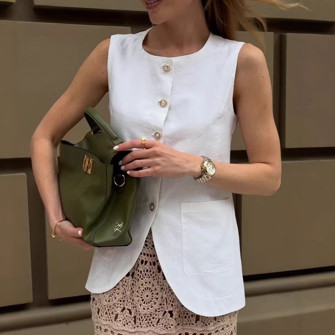 Commuter-style Casual Top Summer Cotton Square-neck Sleeveless Vest