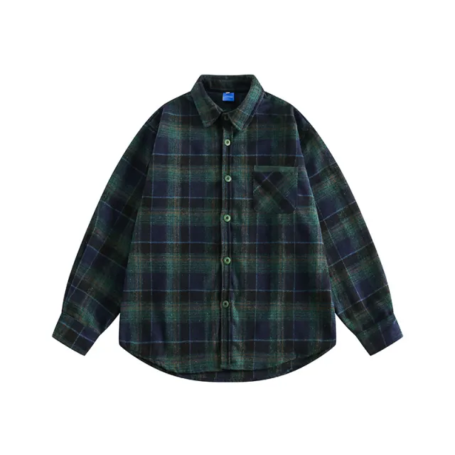 Color Matching Plaid Pocket Decorative Lapel Shirt Dark Green - Shop at LoveMi