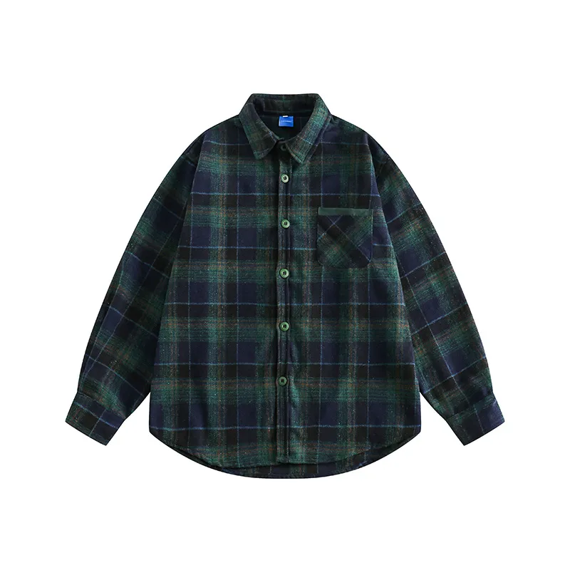 Color Matching Plaid Pocket Decorative Lapel Shirt - Dark Green