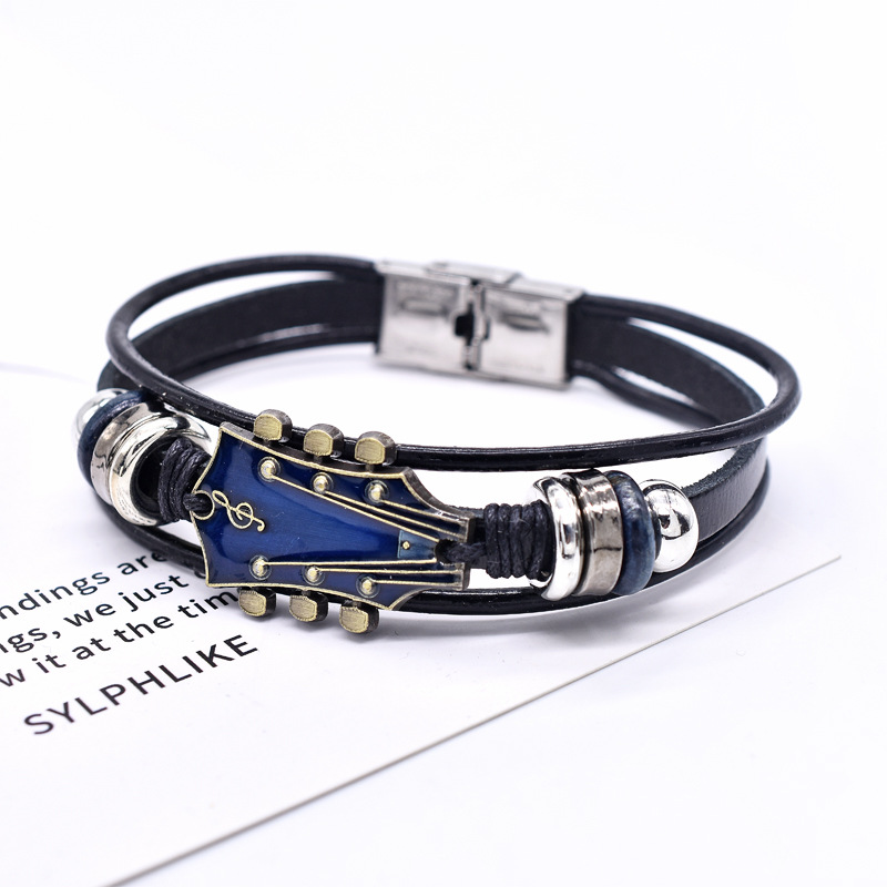 European And American Zinc Alloy Music Guitar Leather Bracelet Antique Brass Blue Style - Shop at LoveMi
