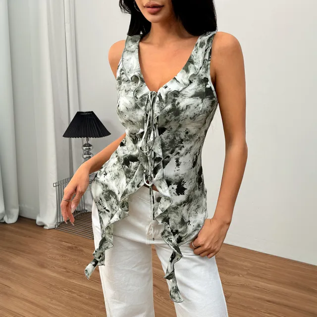 Womens Sexy V Neck Lace Up Camisole With Leopard Print Top Green - Shop at LoveMi
