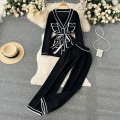 Contrast Color Suit Women's Long Sleeve V-neck Lace-up Knitwear Draping Wide Leg Trousers Two-piece Set - Black - View 1