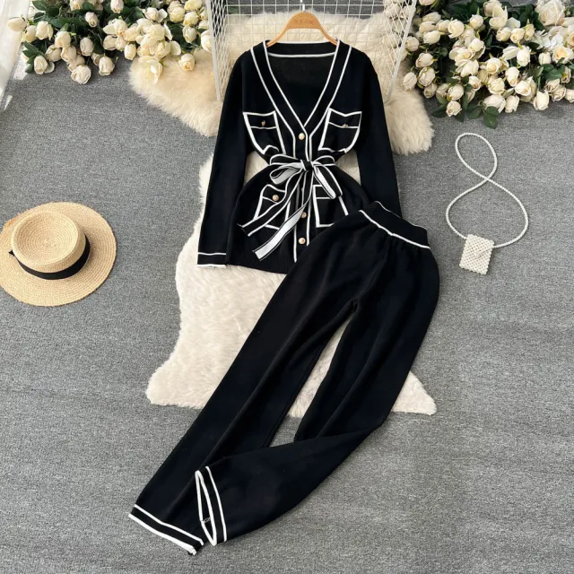 Contrast Color Suit Women's Long Sleeve V neck Lace up Knitwear Draping Wide Leg Trousers Two piece Set Black - Shop at LoveMi