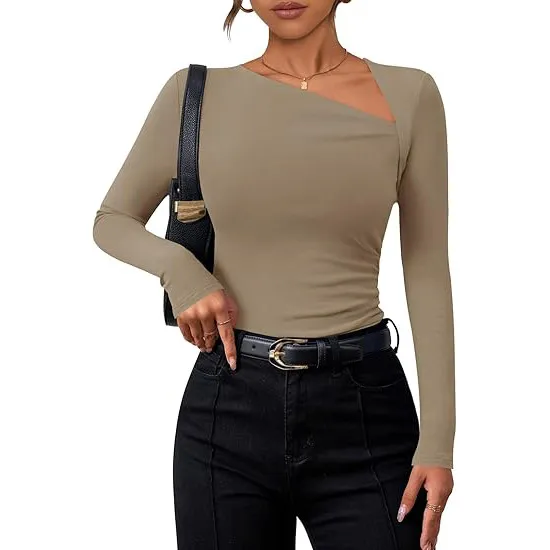 Women's Long sleeved Diagonal Collar T shirt Dark Color - Shop at LoveMi