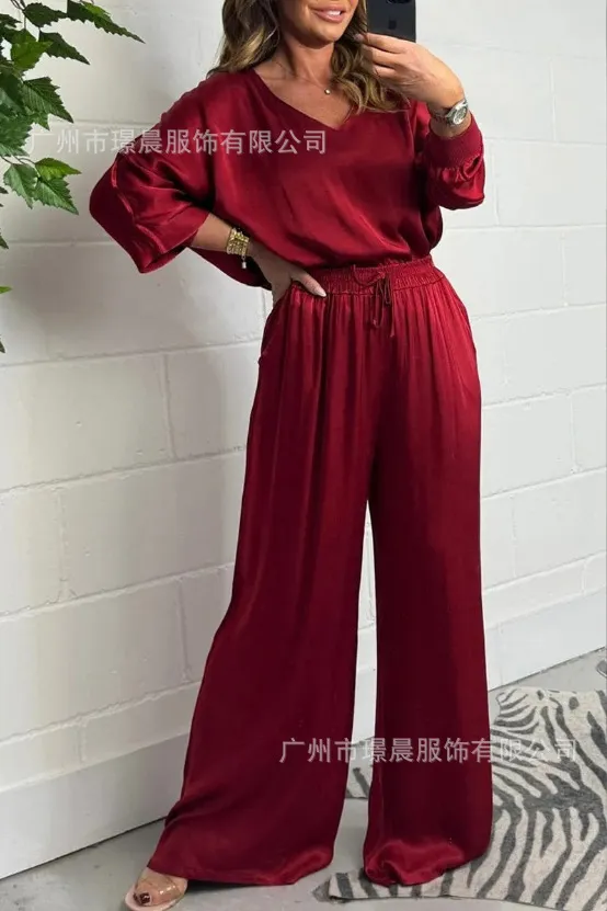 Fashion Women's Wear V neck Long Sleeve Top Wide Leg Pants Suit Red - Shop at LoveMi