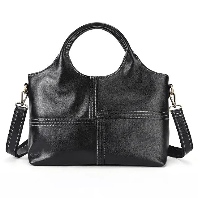 First Layer Cowhide Handbag Women's Real Leather Stitching Large capacity Crossbody Bag Black - Shop at LoveMi