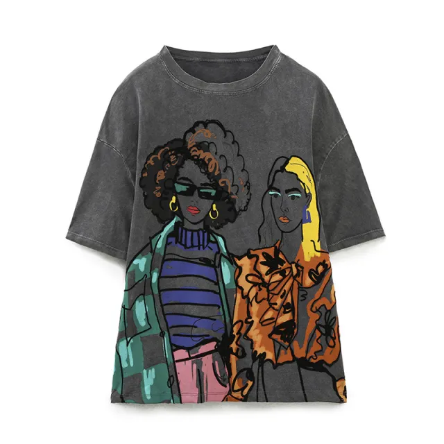All matching Fashion Girl Printed Pattern Round Neck Short Sleeve Pattern Color - Shop at LoveMi