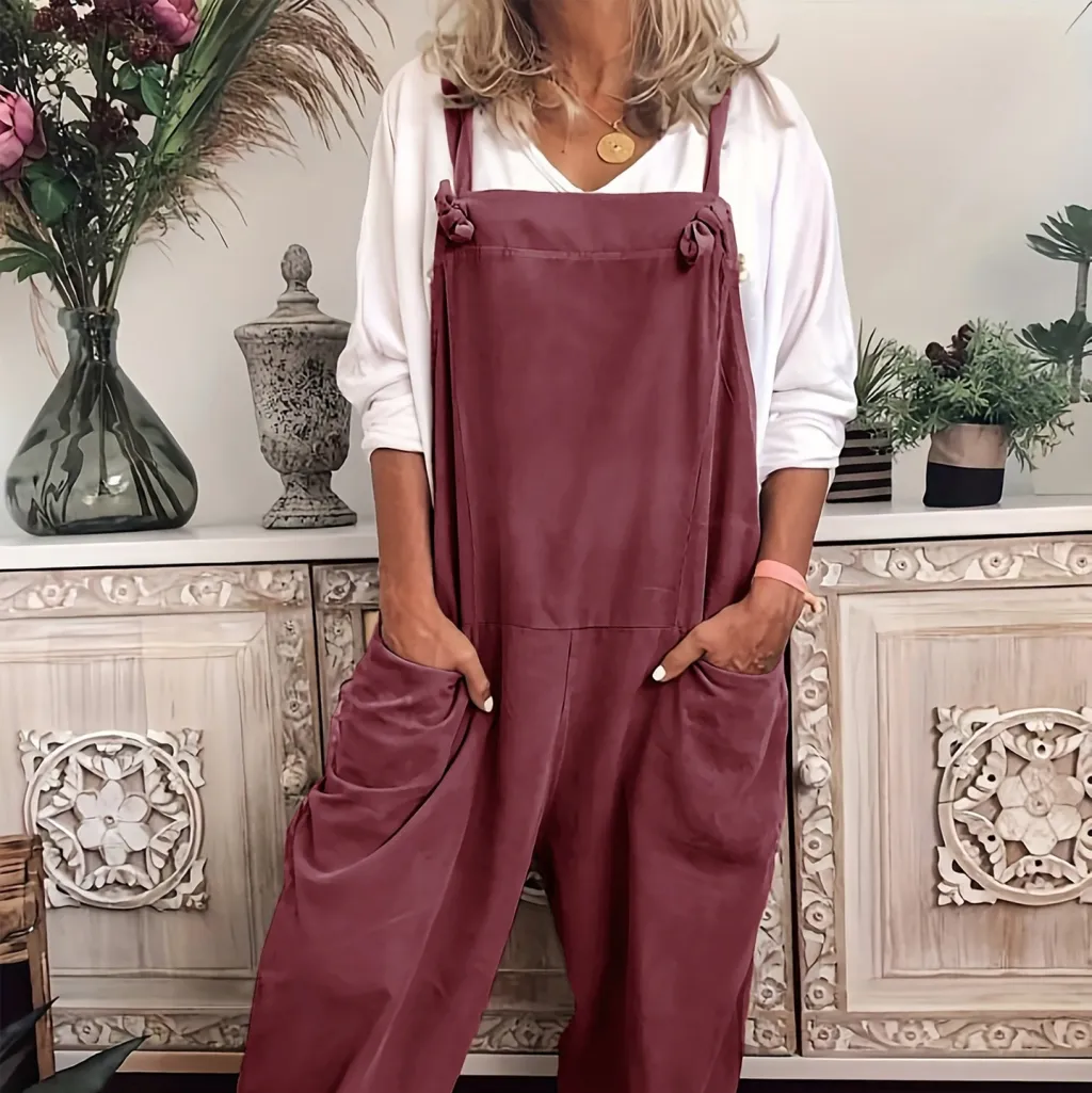 Women's Solid Colour Casual Pocket Lace-up Adjustable Jumpsuit - Wine Red