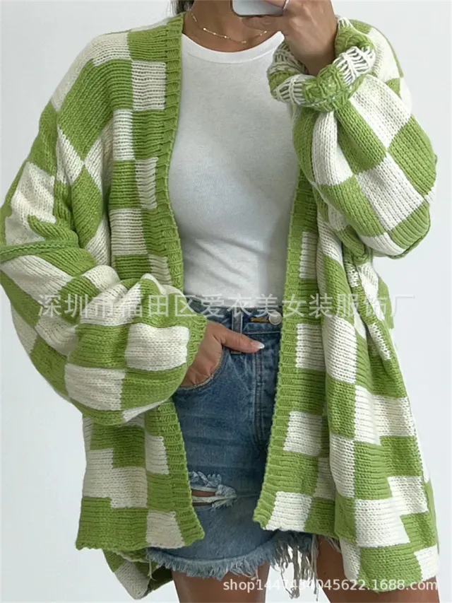 Fashion Plaid Women's Coat Sweater Stitching Green - Shop at LoveMi