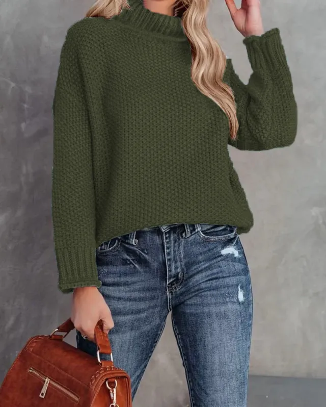 Women's High neck Long sleeve Rolled edge Knit Sweater Army Green - Shop at LoveMi