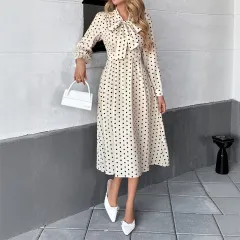 New Elegant Retro Style Bow Collar Long Sleeve Waist Dress - White - View 1