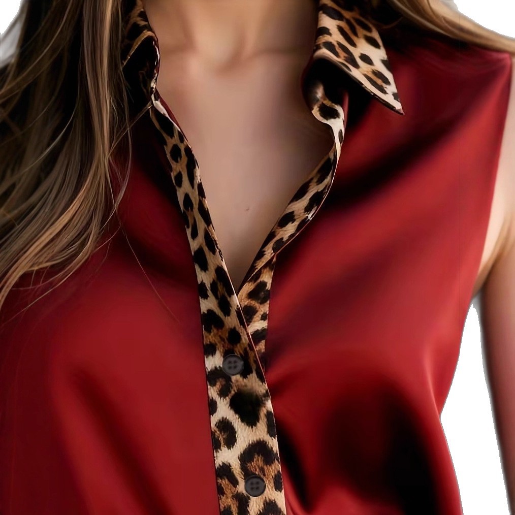 Womens Long-Sleeve Leopard-Print Crew-Neck Spliced Satin Shirt - Image 3
