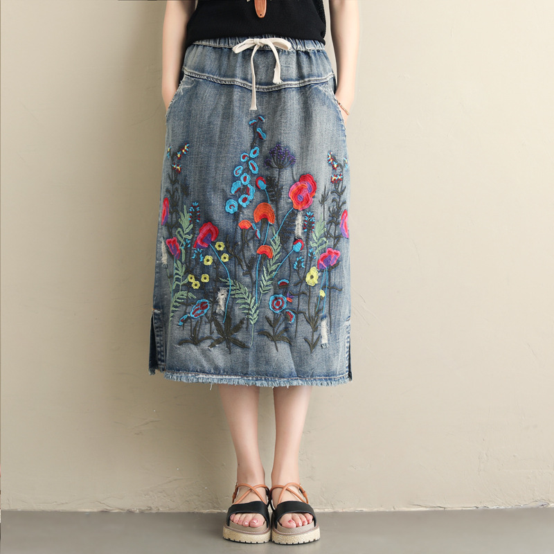 Plus Size Ethnic Style Denim Heavy Embroidery Skirt Dark Blue - Shop at LoveMi