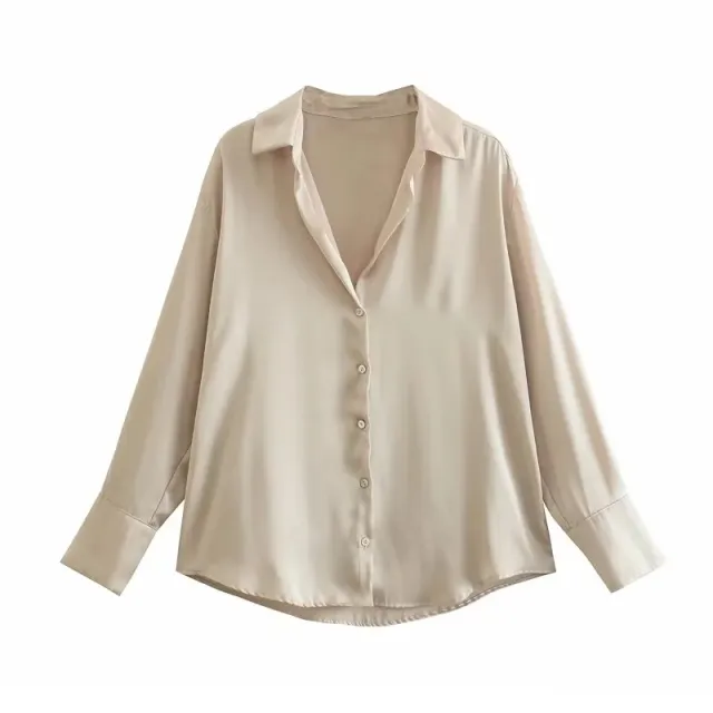 All match Silk Satin Texture Draping Long sleeved Shirt For Women Khaki - Shop at LoveMi