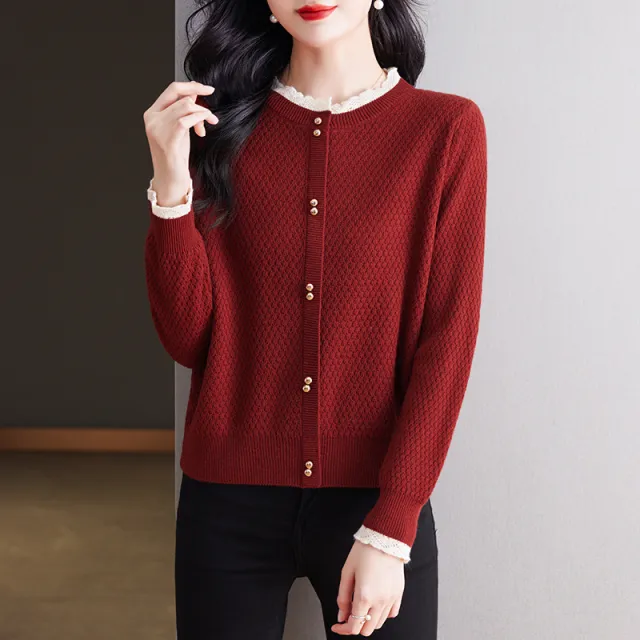 Fashionable Stylish Lace Round Neck Knitted Women Dark Red - Shop at LoveMi