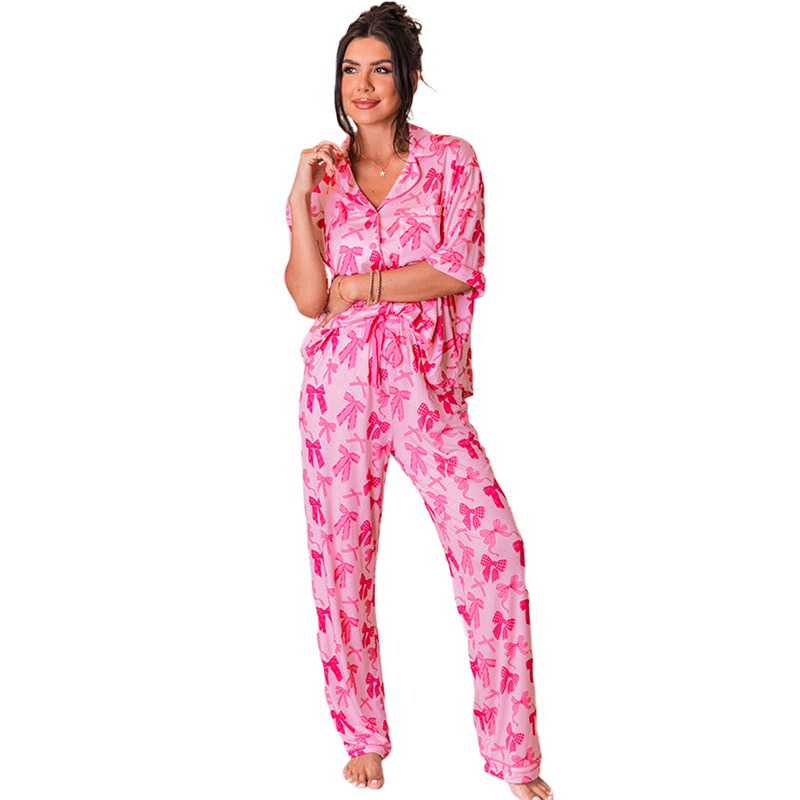 Short Sleeve Fashion Bowknot Printed Pajamas