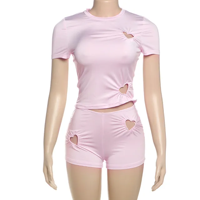 Women's Personality Fashion Solid Color Simple Set Pink Shorts Suit - Shop at LoveMi