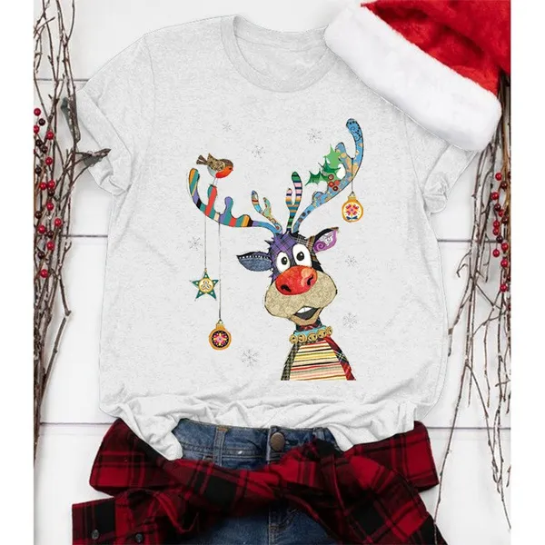 European And American Santa Claus Snowman Printed Short sleeved T shirt White - Shop at LoveMi