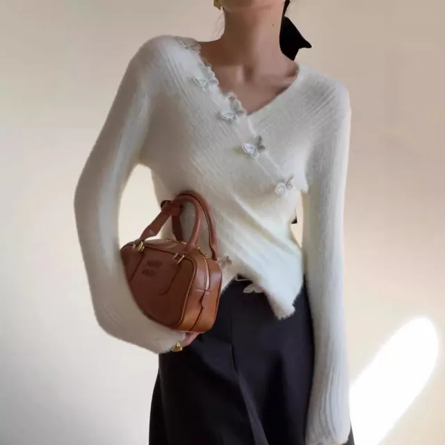 Three dimensional Butterfly Furry V neck Sweater White - Shop at LoveMi