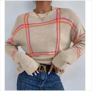Women's Casual Plaid Color block Crew Neck Sweater Apricot Color Stripes - Shop at LoveMi