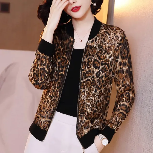 Women's Long sleeved Zipper Baseball Jacket Temperament Youthful looking Leopard Figure - Shop at LoveMi