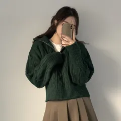 Korean-style Half-turtleneck Twist Twisted Half-zip Collar Knitted Top - Dark Green - View 1