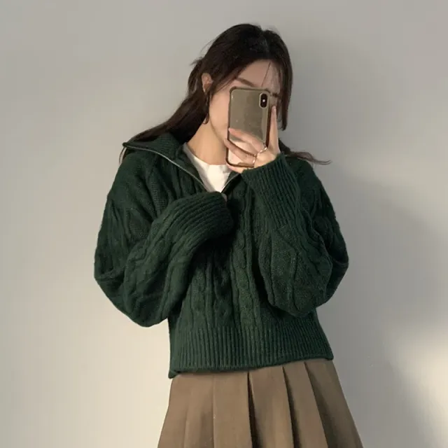 Korean style Half turtleneck Twist Twisted Half zip Collar Knitted Top Dark Green - Shop at LoveMi