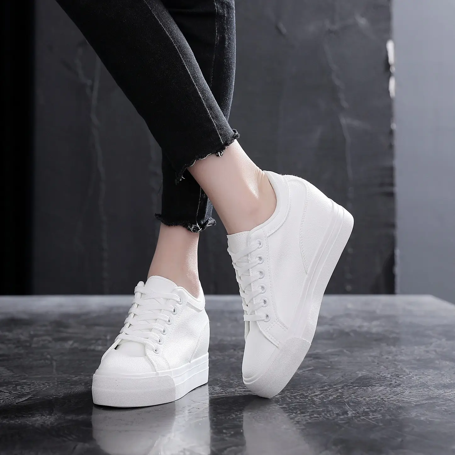 Soft Leather White Thick Bottom Height Increasing
