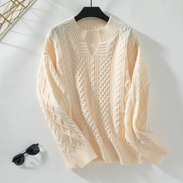 European And American Twist V neck Loose Casual Knitted Sweater For Women Apricot - Shop at LoveMi