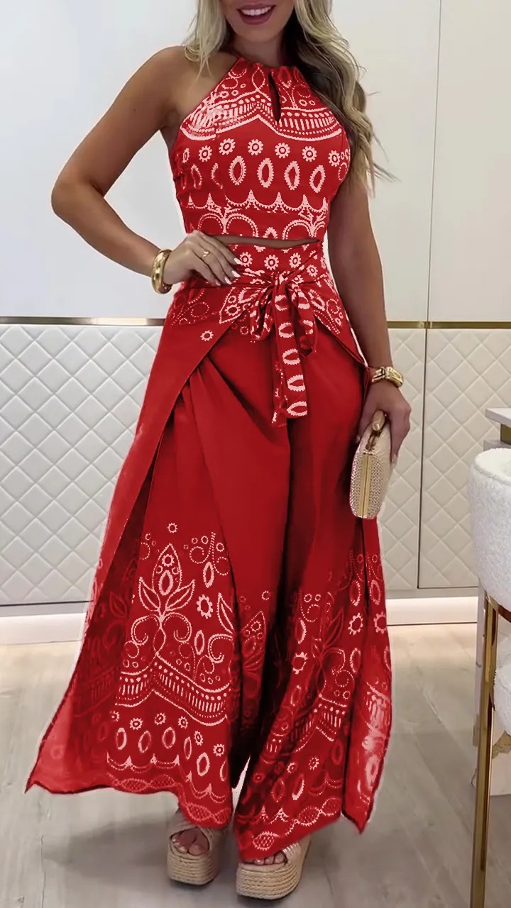 Ethnic Style Halter Top Wide Leg Pants Suit