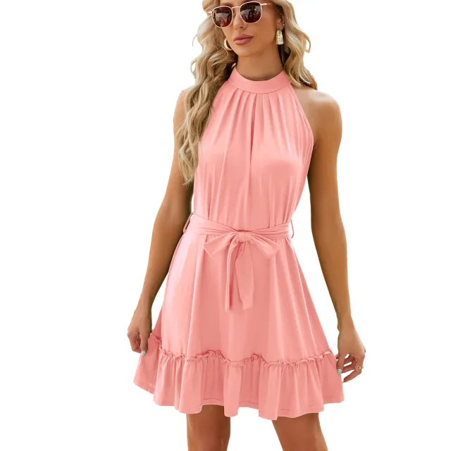 Solid Color Round Neck Halter Lace up Dress Women Pink - Shop at LoveMi