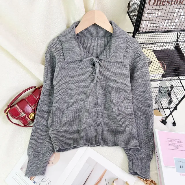 Women's Retro Lace Up Long Sleeve Sweater Gray - Shop at LoveMi