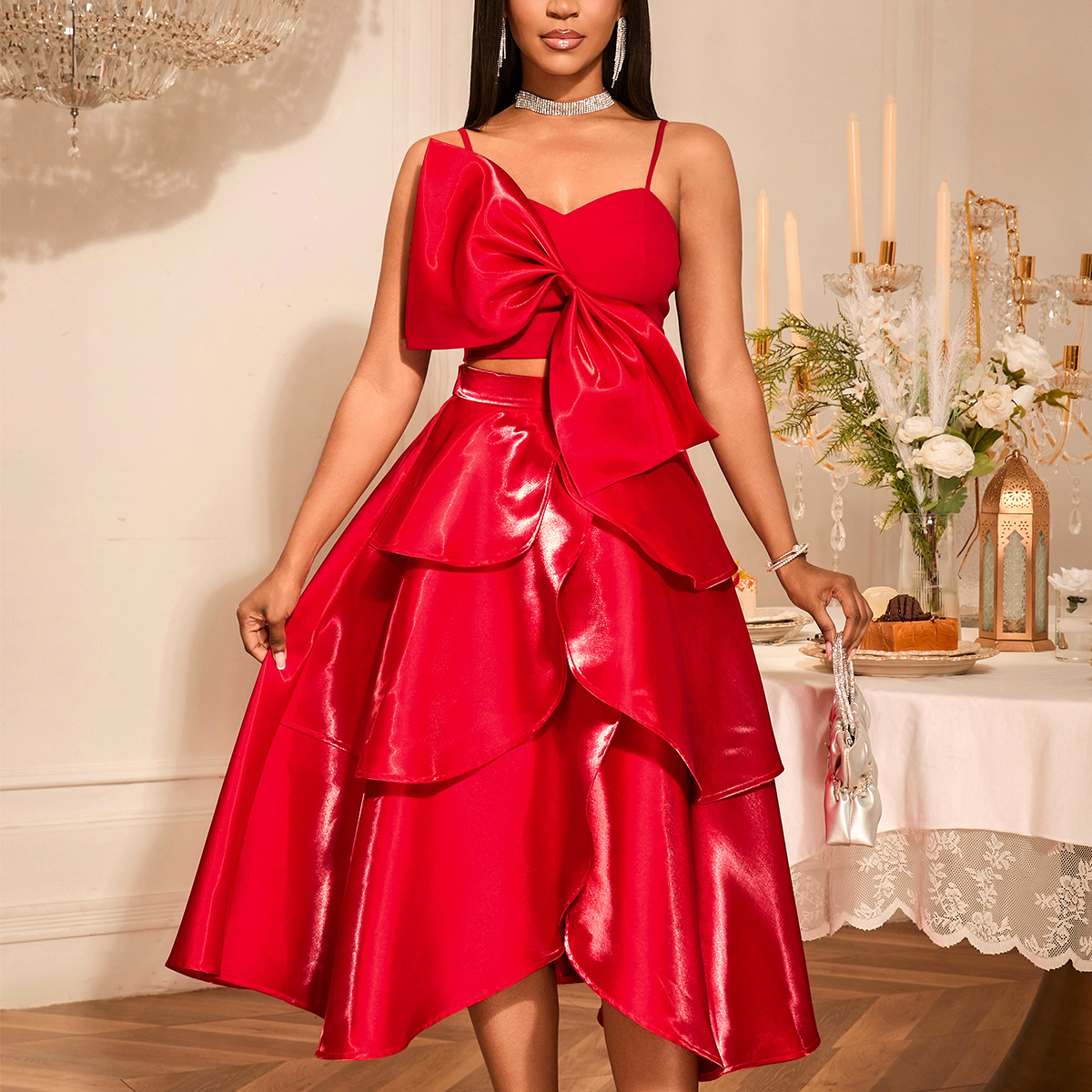 Bow Sexy Camisole Irregular Skirt Suit