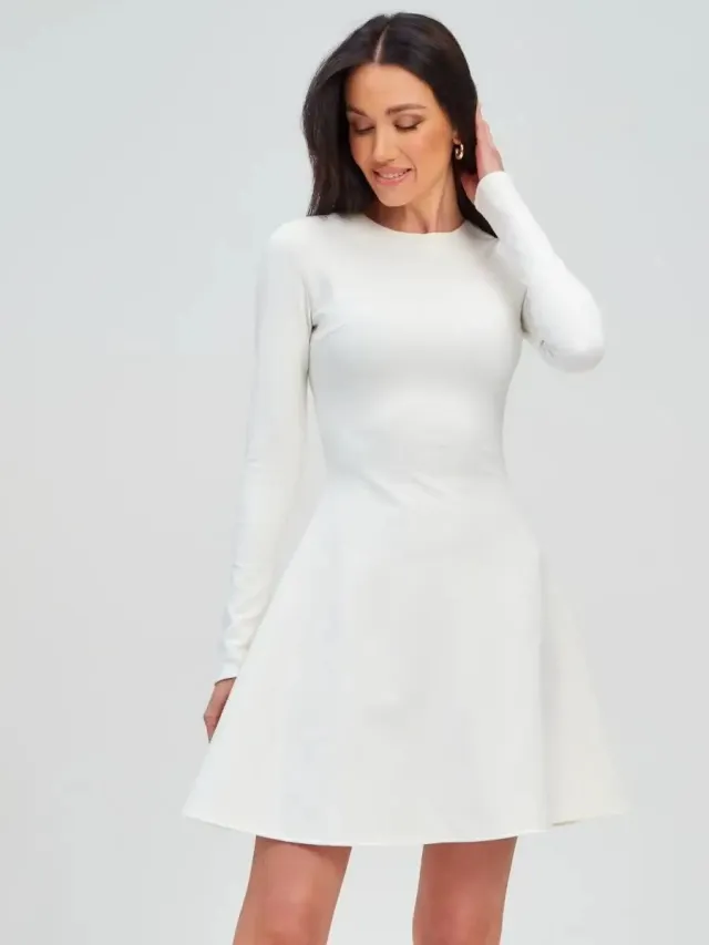 Solid Color Casual Office Round Neck Waist Long Sleeve Knitted Dress White - Shop at LoveMi