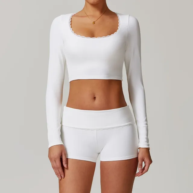 Threaded Tight Long sleeved T shirt Yoga Clothes Breathable Quick drying Top Fitness Exercise Swan White - Shop at LoveMi