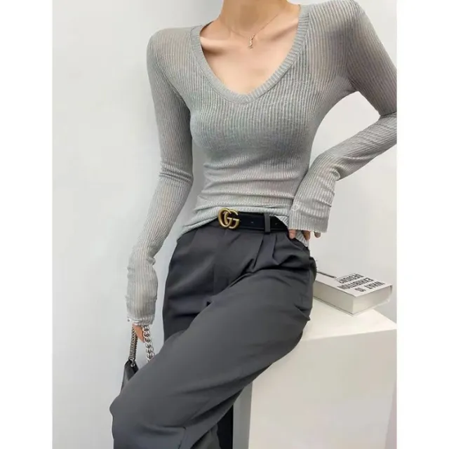 Womens Solid Color Casual V Neck Sun Protective Long Sleeve Top Gray - Shop at LoveMi