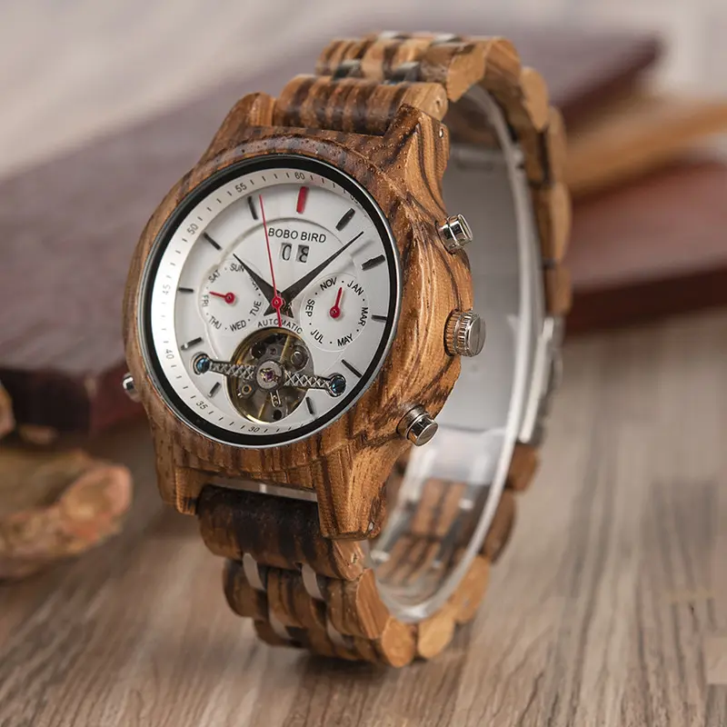 Business Flywheel Mechanical Multi-function Wooden Watch