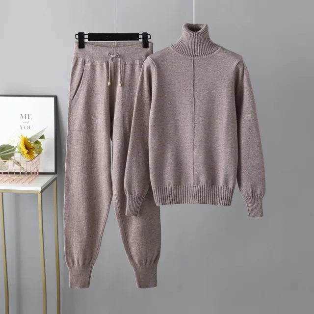Casual Fashion Set autumn And Winter Cross border European And American Turtleneck Solid Color Sweaters Two piece Set Flower Coffee - Shop at LoveMi