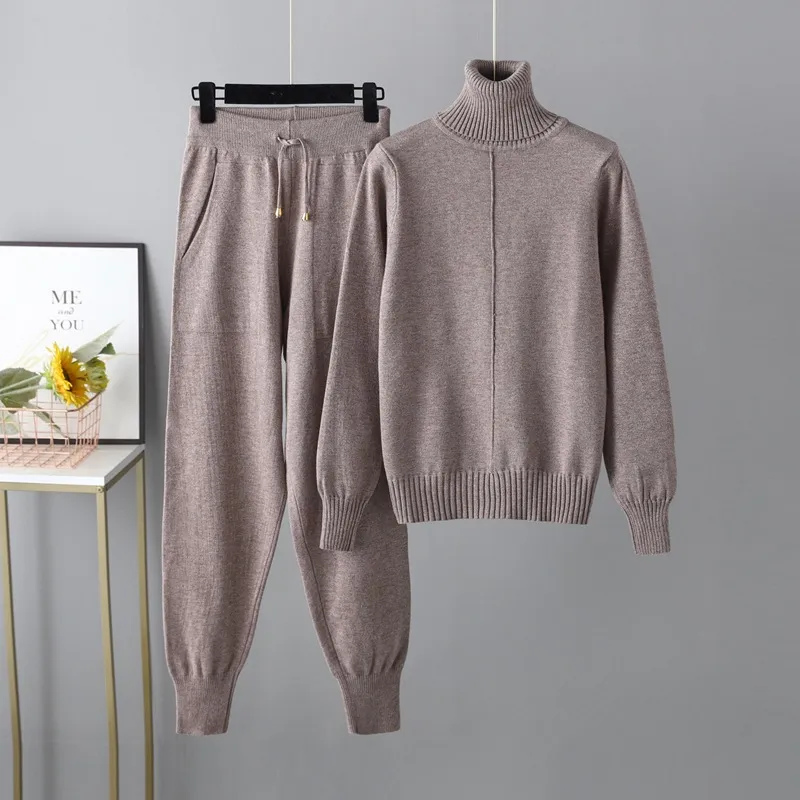 Casual Fashion Set autumn And Winter Cross-border European And American Turtleneck Solid Color Sweaters Two-piece Set - Flower Coffee