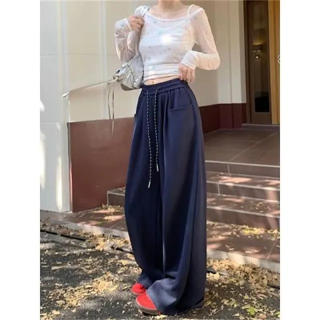 High Waist Drooping Straight Casual Mop Pants Loose Sweatpants Sapphire Blue - Shop at LoveMi