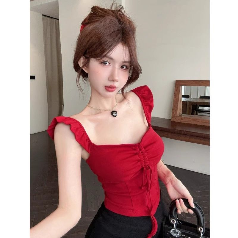Sweet And Alluring Red Camisole With Bishop Sleeves And A Square Neckline