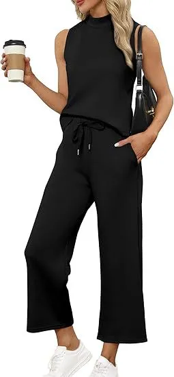 Sleeveless Top Wide Leg Cropped Pants - Black