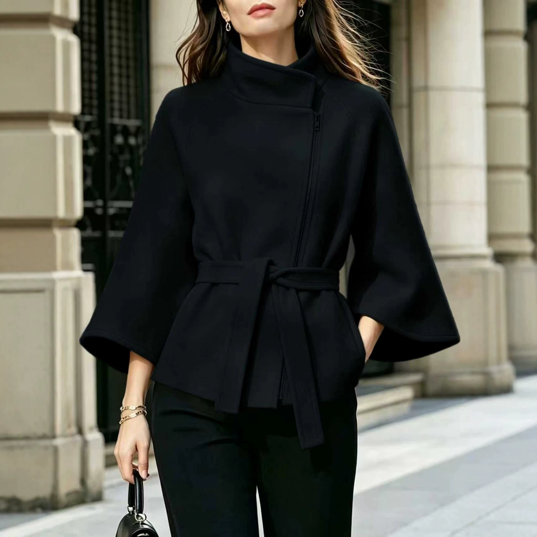 Stand-up Collar Diagonal Zipper Flared Sleeveselegant Wool Coat With A Belt To Cinch The Waist Perfect For Workwear