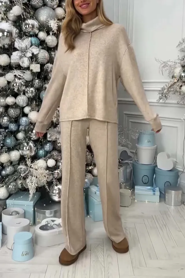 Knitting Suit Turtleneck Long Sleeve Top And Trousers Women Khaki - Shop at LoveMi