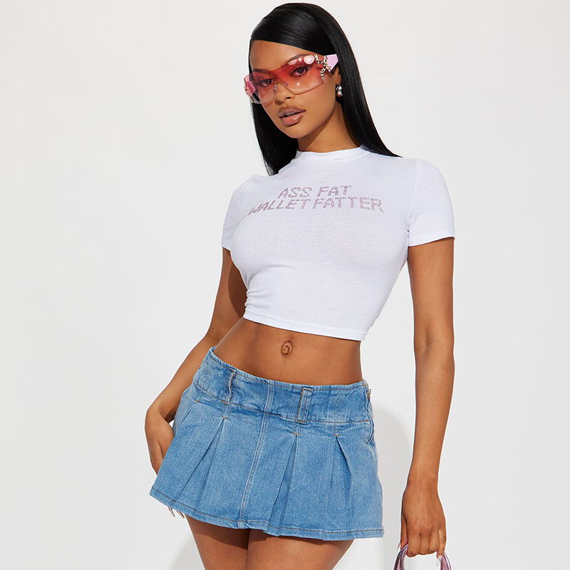 Title 9, Round Neck Midriff-baring Short Sleeve Letter M...