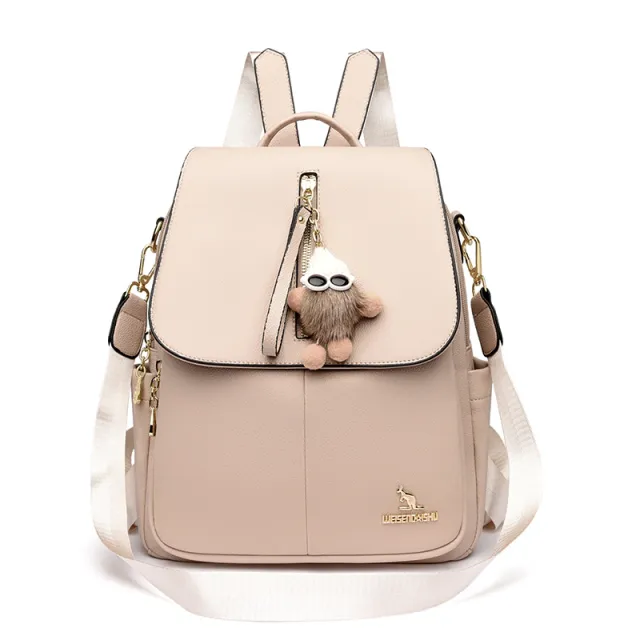 New Genuine Leather With Pendant High value Female Student Travel Backpack Beige - Shop at LoveMi
